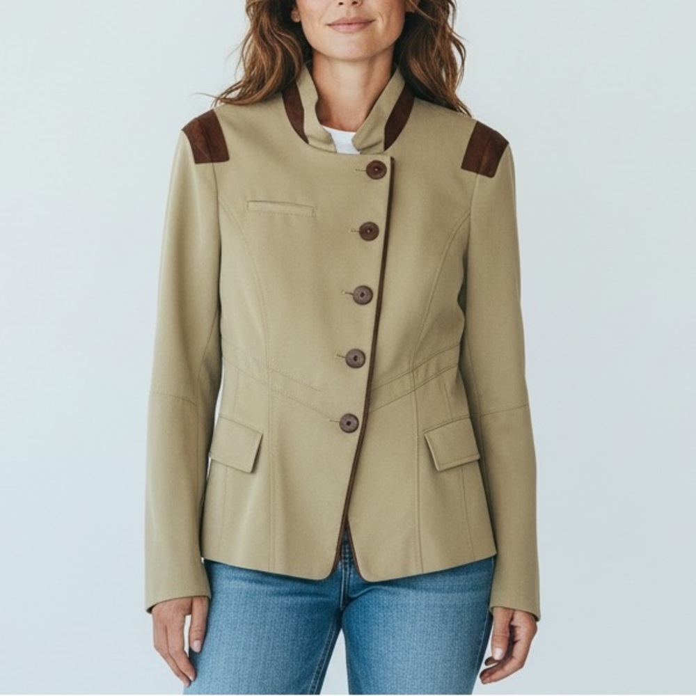 Blink Women's‎ Tan Cotton Equestrian Coat Jacket S Leather Trim Dressage Show